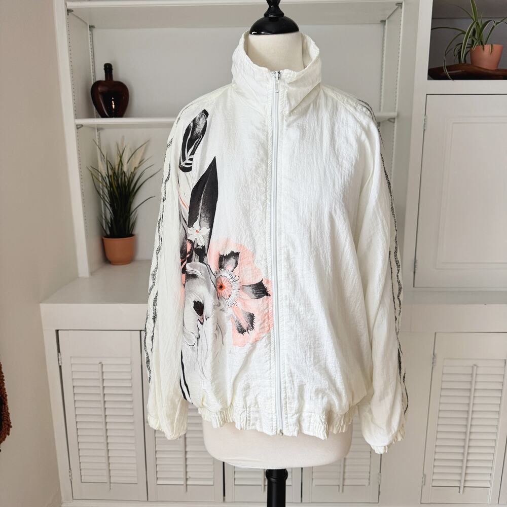 Vintage Blair Boutique White Floral Windbreaker Track Jacket Size L